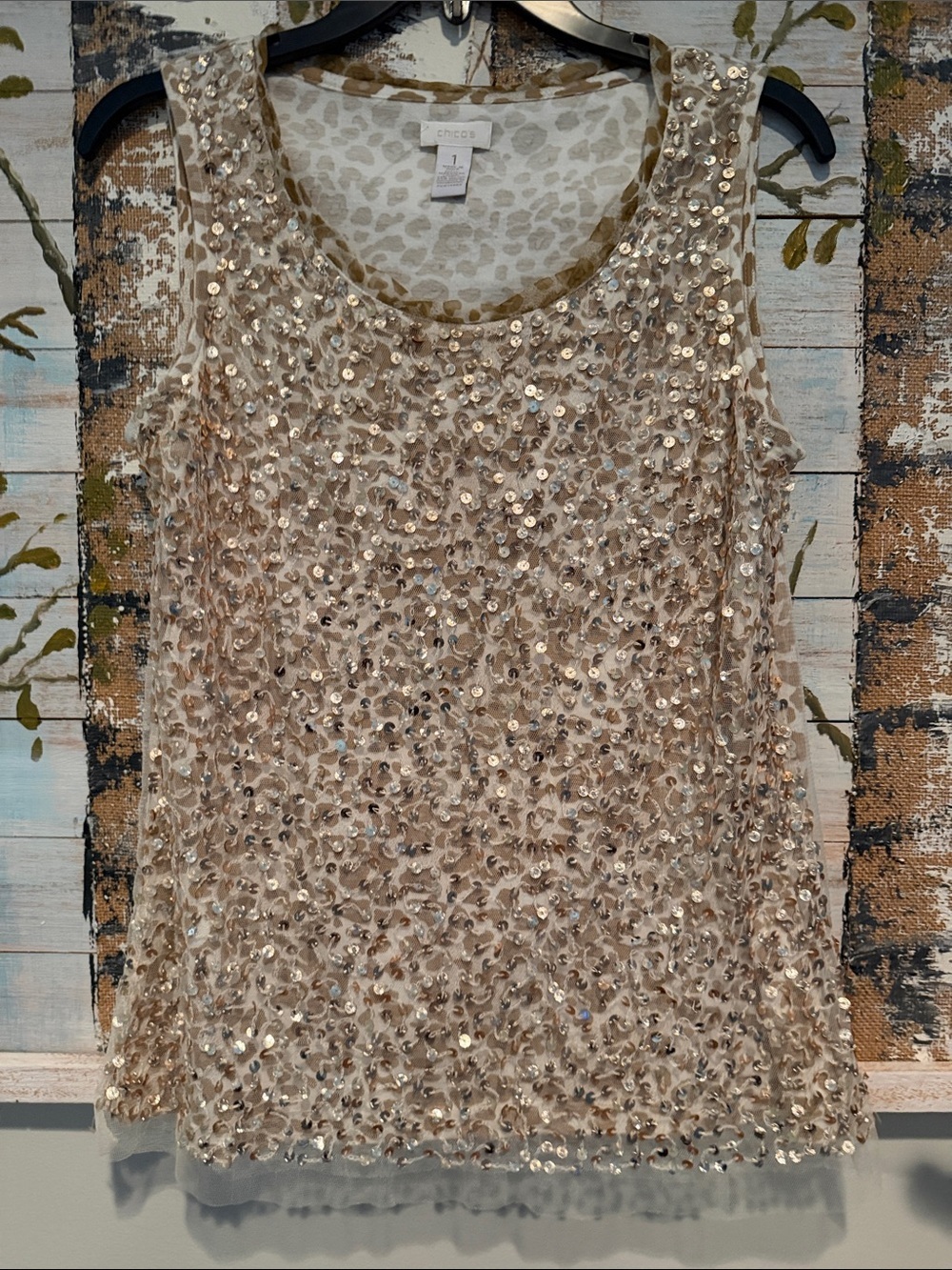 Chico's Lightweight Animal Print Top in Taupe and Ivory Sequin